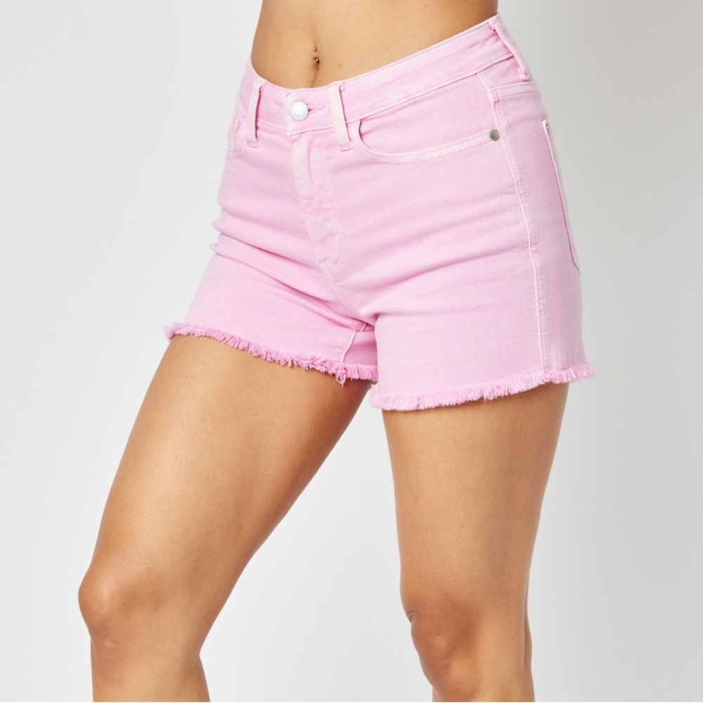 NWT Judy Blue 150225 light pink mid rise fray hem shorts 4” - Picture 7 of 11